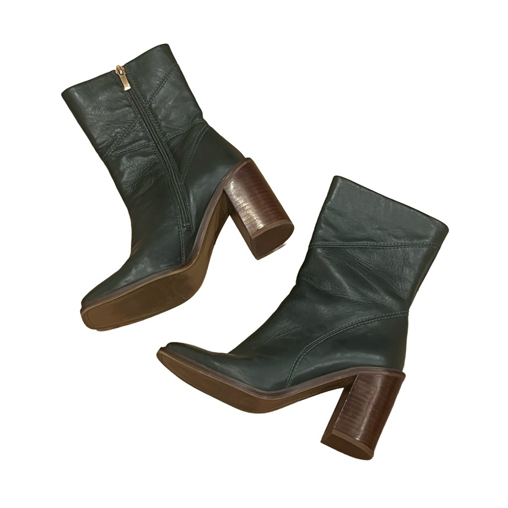 Franco Sarto L-Stevie Green Leather Mid-Calf Block Heel Boots 7.5